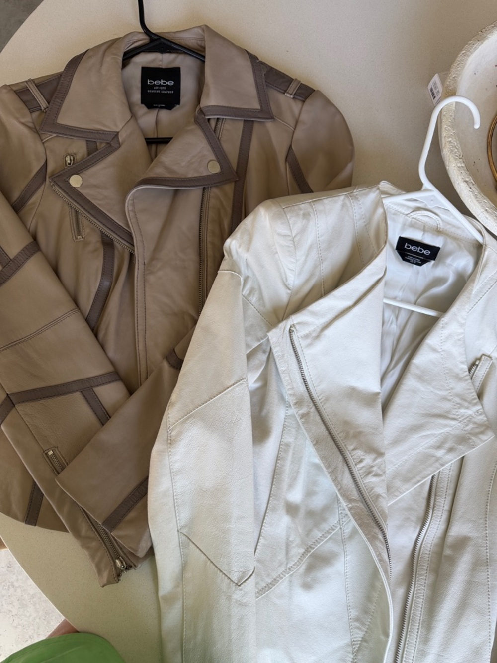 bebe Cream and Taupe Leather Moto Jackets & White leather Duo